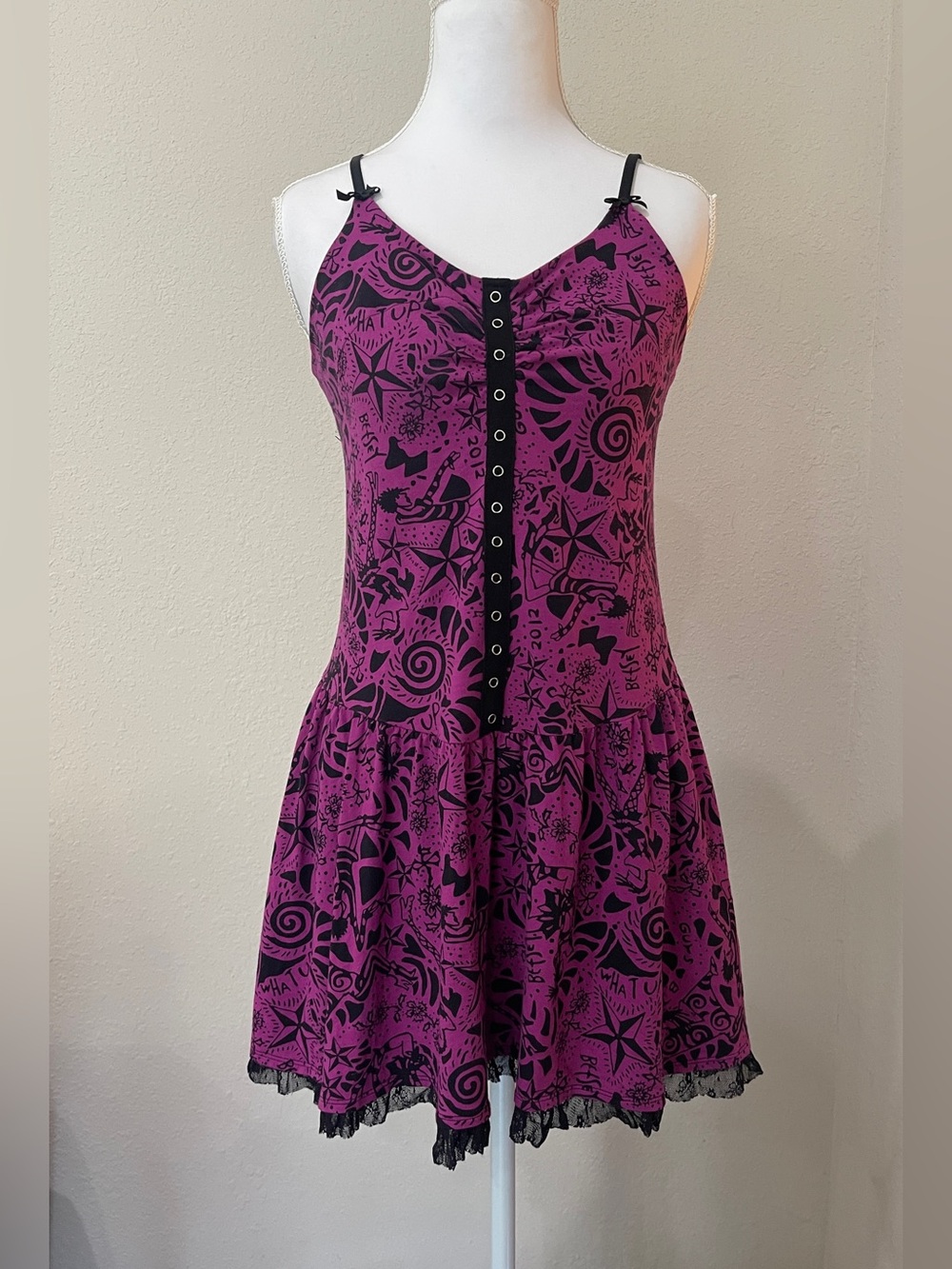 Betsey Johnson Purple & Black Graphic Spaghetti Strap Mini Dress Size M
